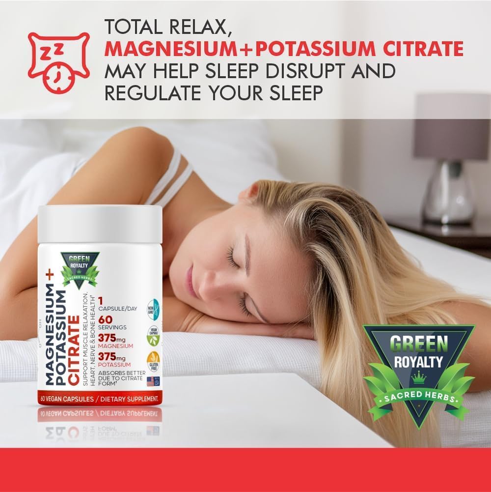 Premium Vegan Magnesium Citrate and Potassium Capsules - 60 Count - Non GMO, Gluten Free - High Absorption - Made in USA
