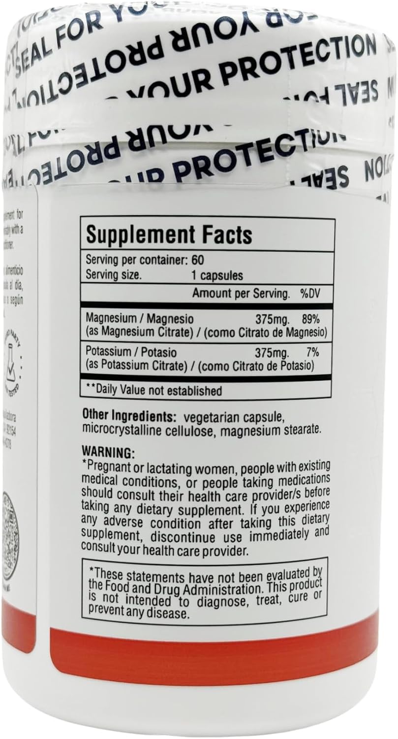 Premium Vegan Magnesium Citrate and Potassium Capsules - 60 Count - Non GMO, Gluten Free - High Absorption - Made in USA
