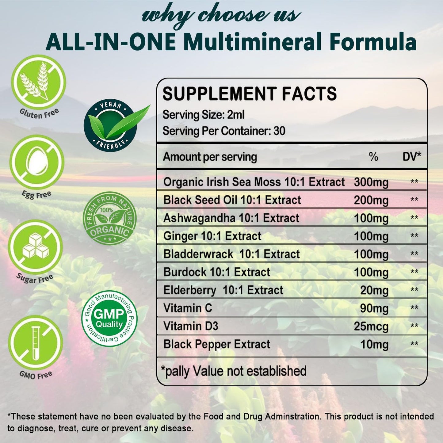 Premium Vegan Sea Moss Black Seed Oil Ashwagandha Ginger Liquid Drops Extract - Immunity & Joint Support - 4X Stronger - 3000mg