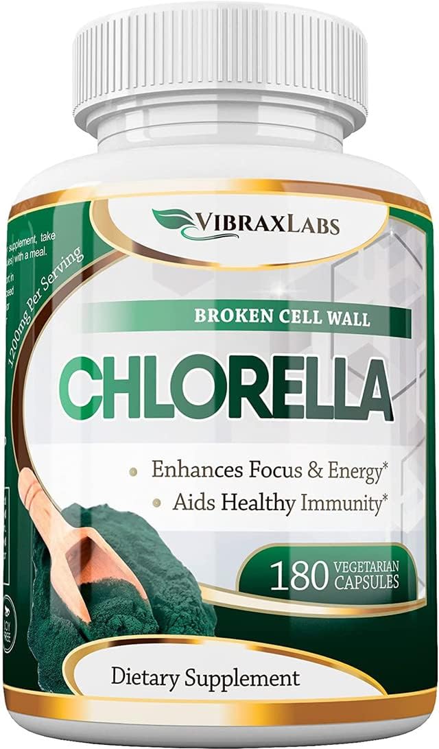 Premium VibraxLabs Chlorella Capsules - 600mg Veggie Pills, Broken Cell Wall for Detox - Protein Powder Supplement with Spirulina, Made in USA (1200mg Serving)