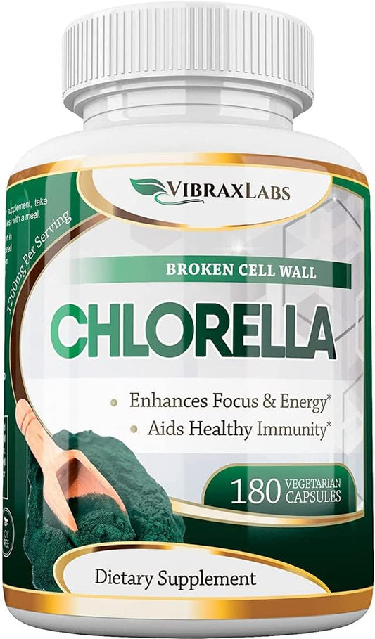 Premium VibraxLabs Chlorella Capsules - 600mg Veggie Pills, Broken Cell Wall for Detox - Protein Powder Supplement with Spirulina, Made in USA (1200mg Serving)