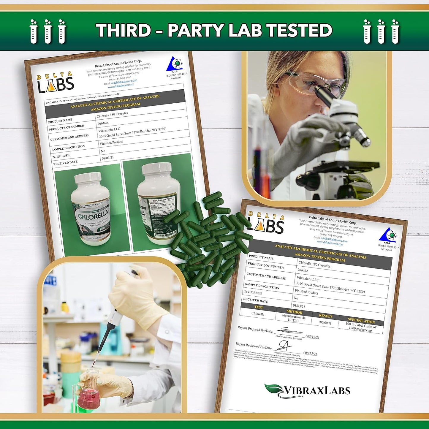 Premium VibraxLabs Chlorella Capsules - 600mg Veggie Pills, Broken Cell Wall for Detox - Protein Powder Supplement with Spirulina, Made in USA (1200mg Serving)