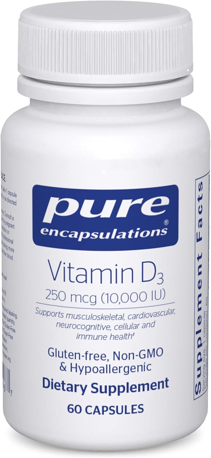 Premium Vitamin D3 Supplement 250 mcg (10,000 IU) for Bone, Joint, Breast, Heart, Colon & Immune Health - 60 Capsules by Pure Encapsulations