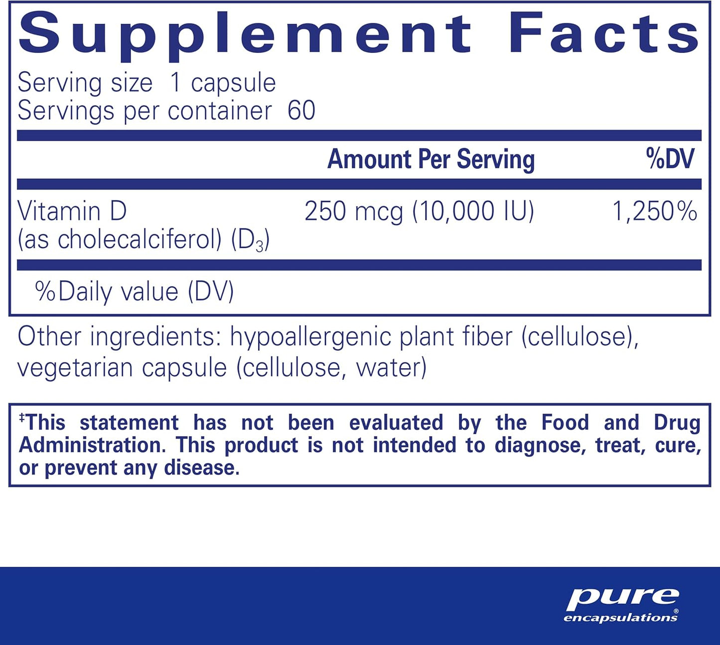 Premium Vitamin D3 Supplement 250 mcg (10,000 IU) for Bone, Joint, Breast, Heart, Colon & Immune Health - 60 Capsules by Pure Encapsulations