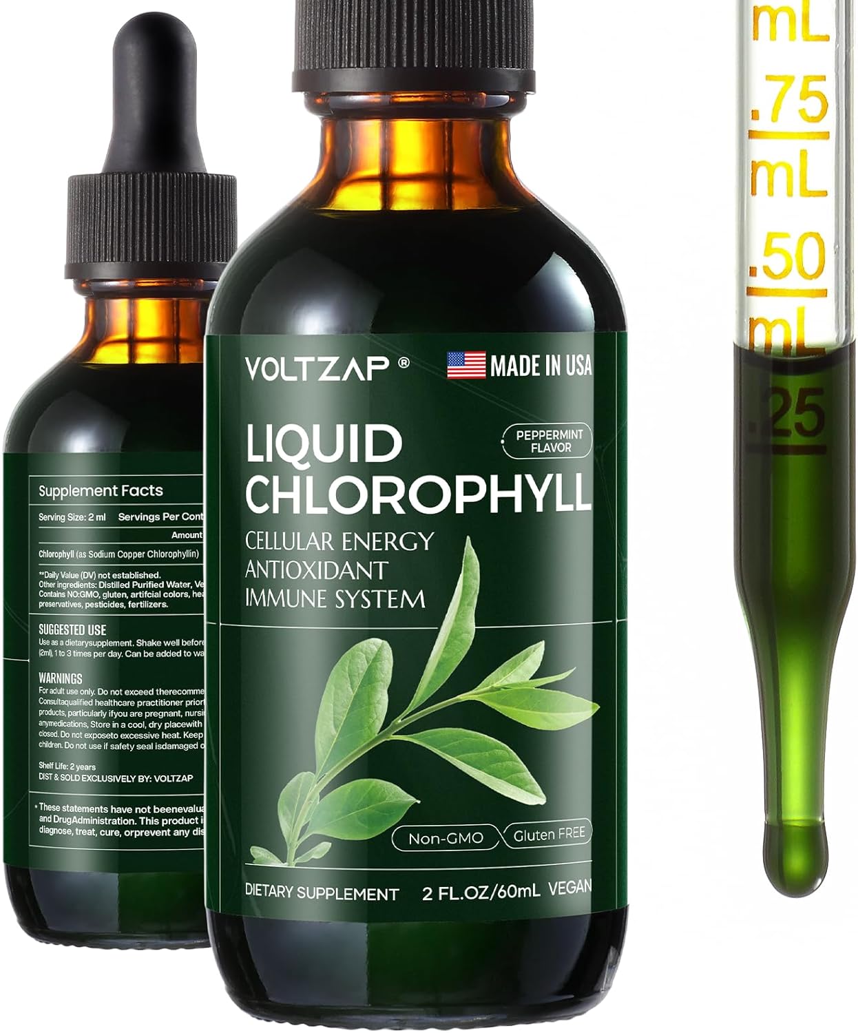 Premium VOLTZAP Chlorophyll Liquid Drops for Immune, Energy, Digestive, Gut & Skin Health - Vegan Mint Flavored 2fl.oz