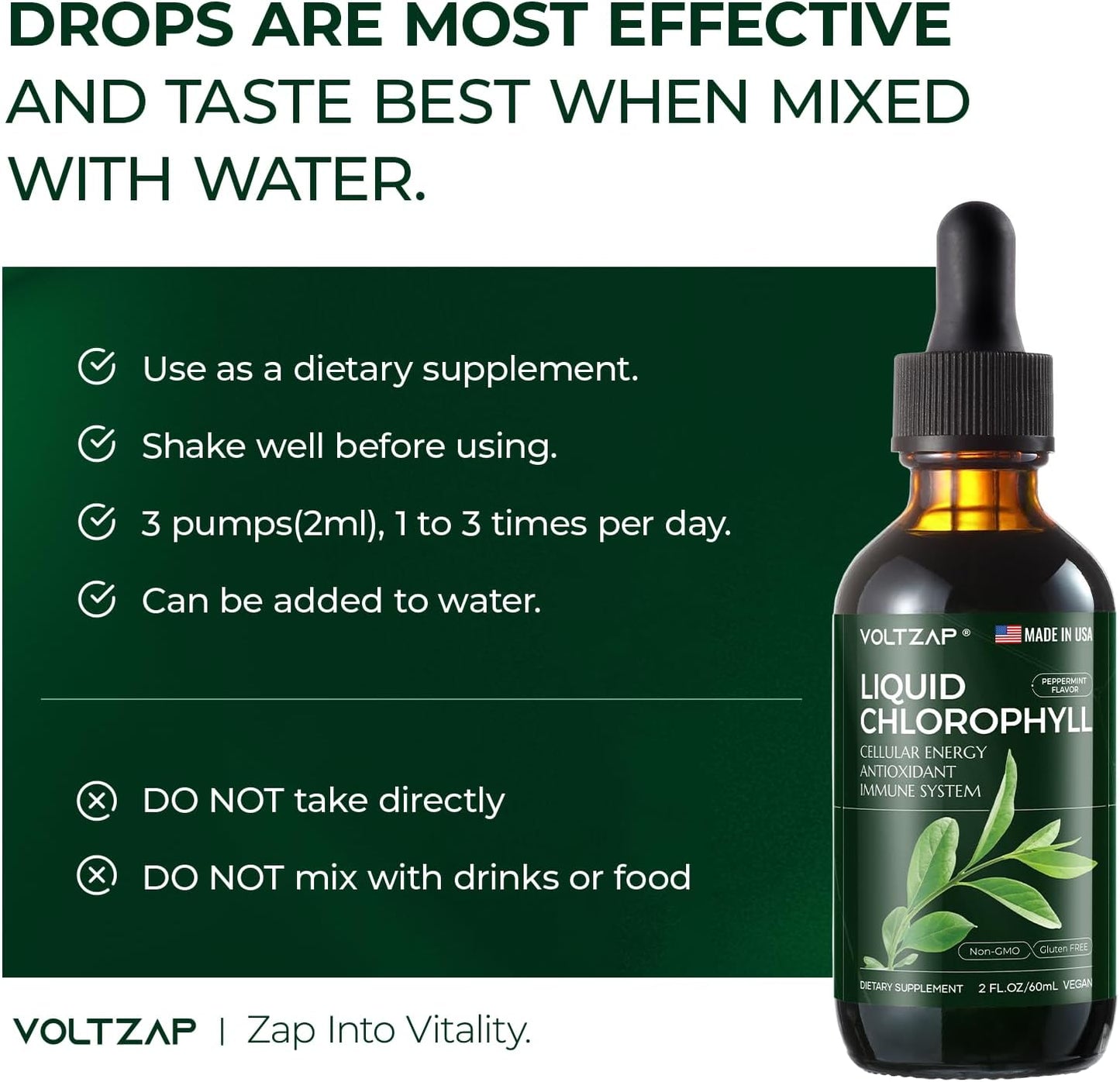 Premium VOLTZAP Chlorophyll Liquid Drops for Immune, Energy, Digestive, Gut & Skin Health - Vegan Mint Flavored 2fl.oz