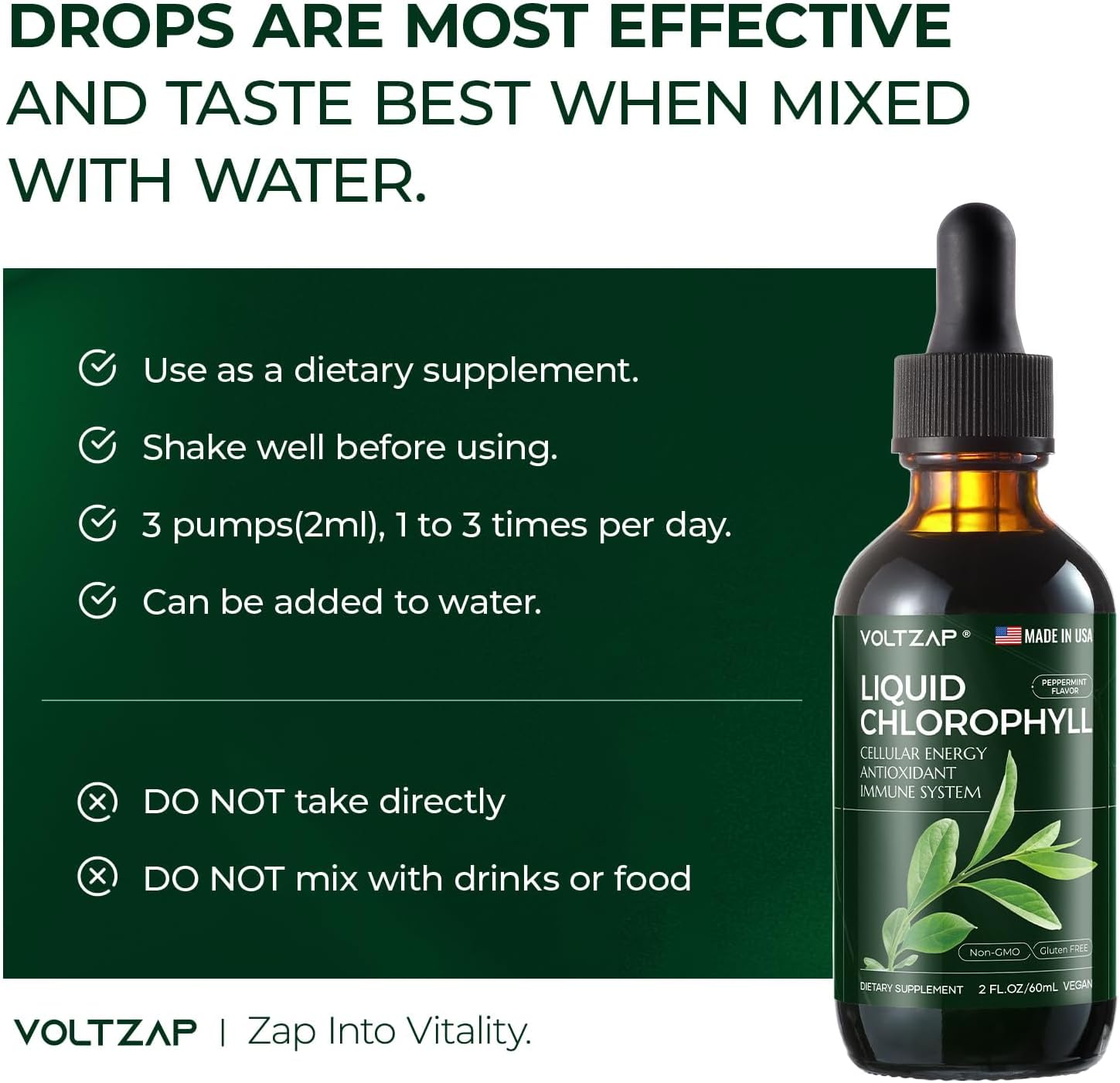 Premium VOLTZAP Chlorophyll Liquid Drops for Immune Support, Energy Boost, Digestive Health - Natural Mint Flavor Vegan Supplement 2fl.oz - Non-GMO & Gluten-Free