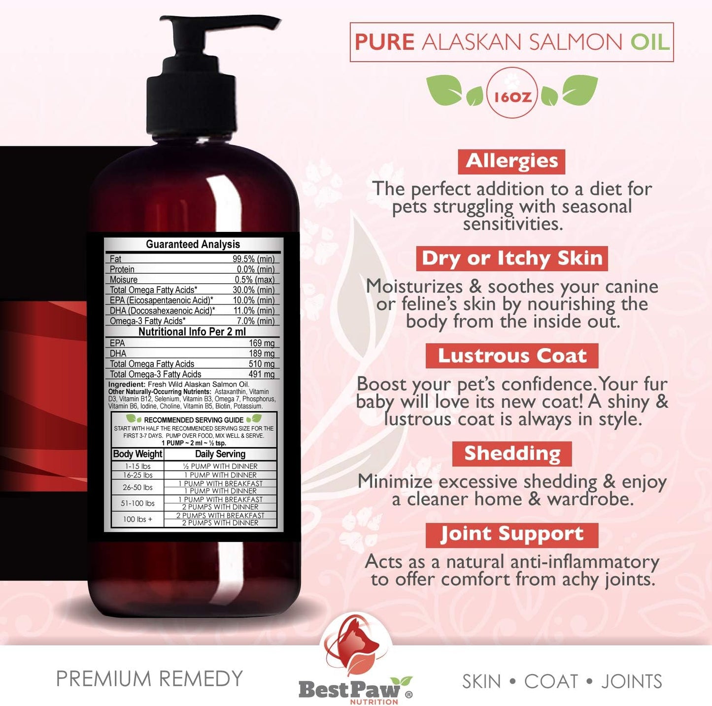 Premium Wild Alaskan Salmon Oil for Pets - Liquid Fish Oil with Pump - Promotes Healthy Skin, Coat, Joints, Immune System, and Heart - Omega-3 Supplement - Natural EPA + DHA - 16oz Bottle