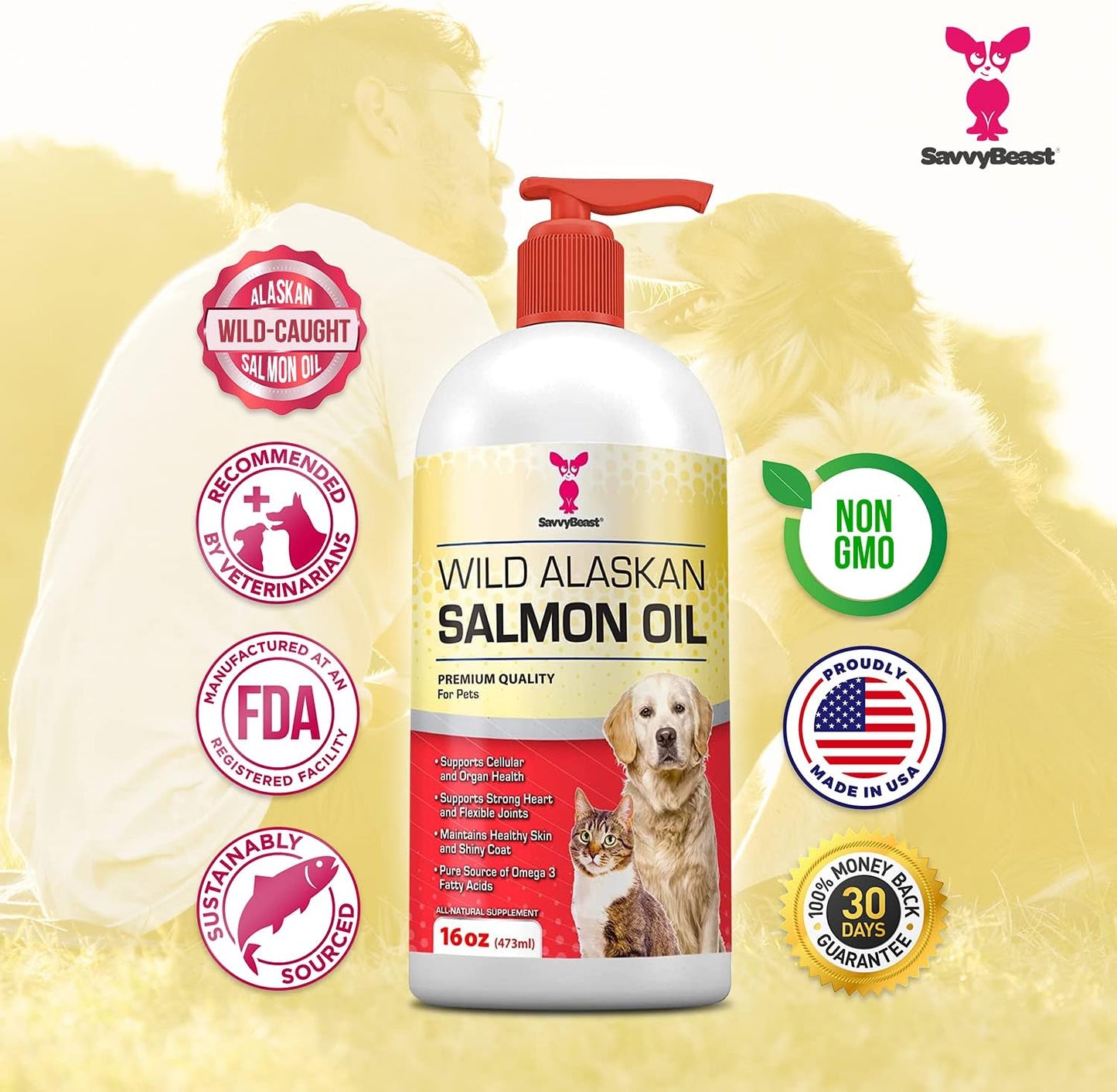 Premium Wild Alaskan Salmon Oil for Pets: Unscented Skin & Coat Supplement with Omega-3 Vitamins - Liquid Fish Allergy Relief Pump - Ideal for Dogs, Cats, and Ferrets - Kitten Supplies & Accessories