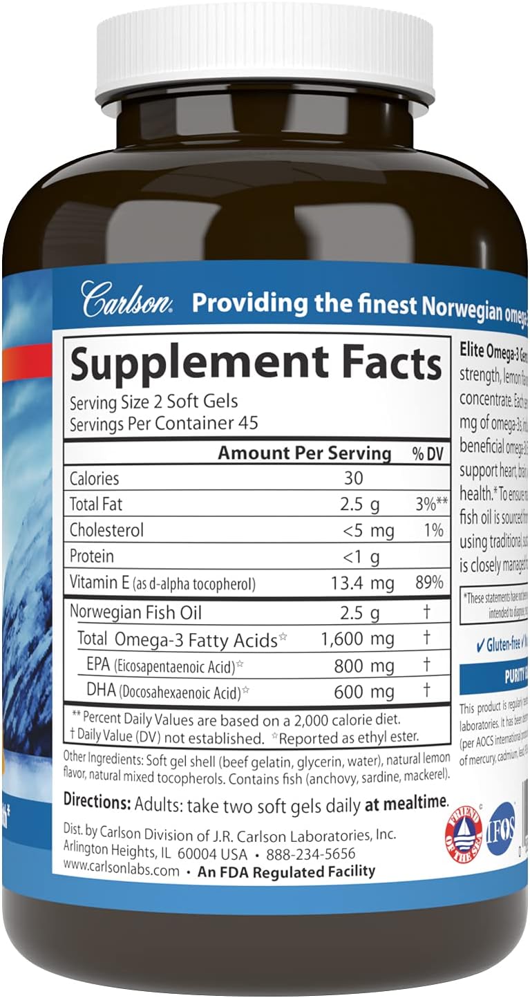 Premium Wild Caught Omega-3 Soft Gels, 1600mg, 90 Count - Carlson Labs Omega 3 Supplement - BoostGo Australia