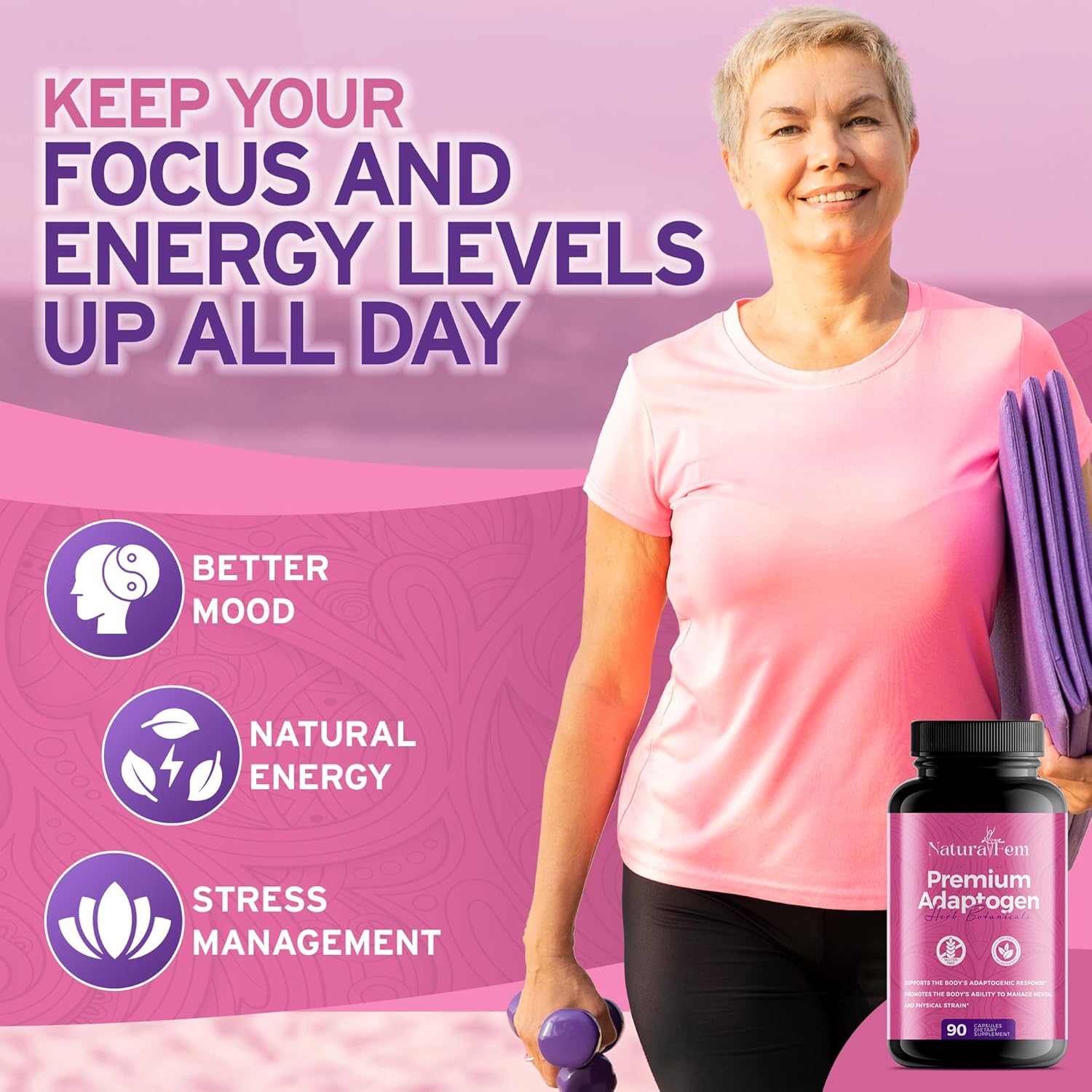 Premium Women's Adaptogen Supplements with Rhodiola Rosea, Turmeric, Maca Root - 90 Capsules for Improved Focus and Mood Support