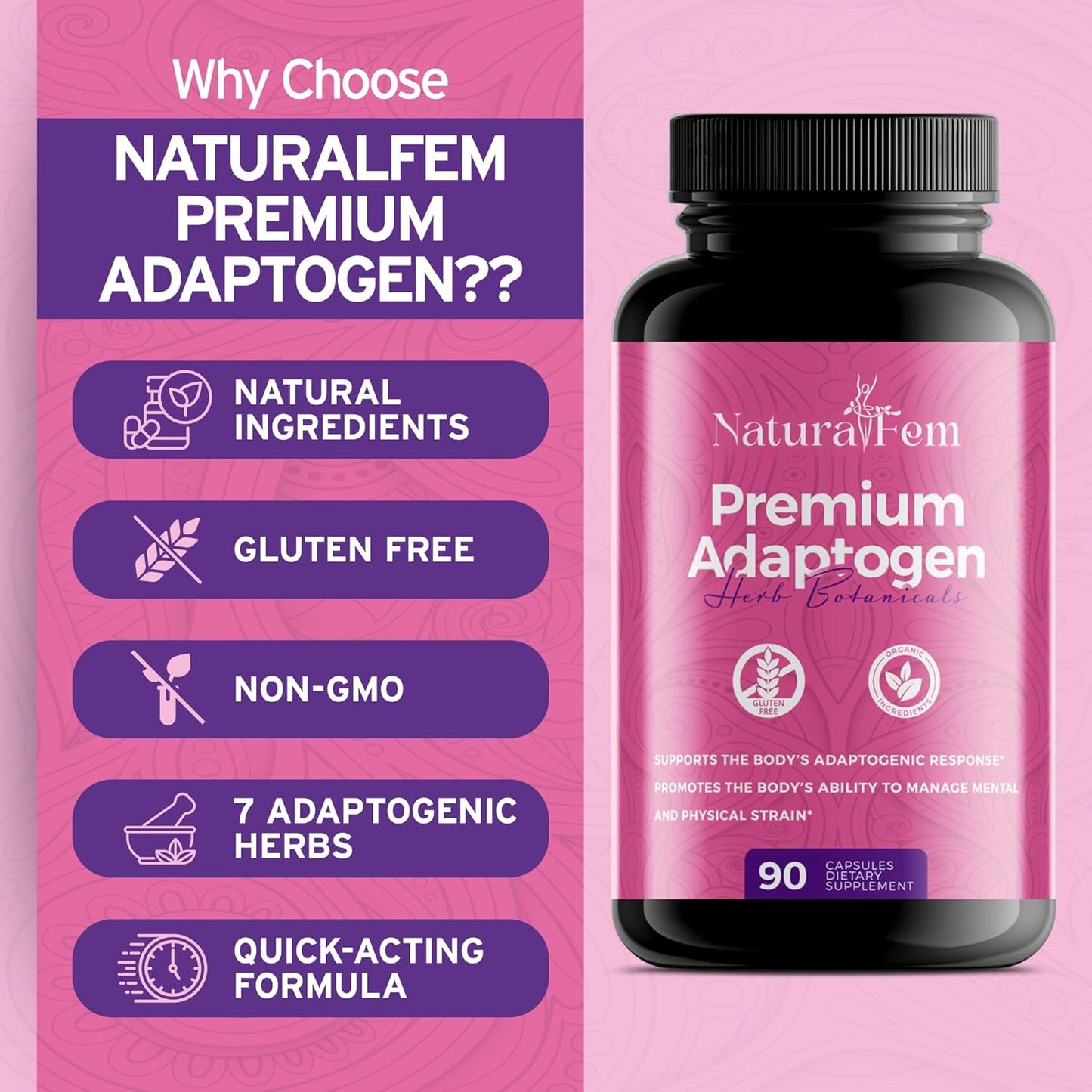 Premium Women's Adaptogen Supplements with Rhodiola Rosea, Turmeric, Maca Root - 90 Capsules for Improved Focus and Mood Support