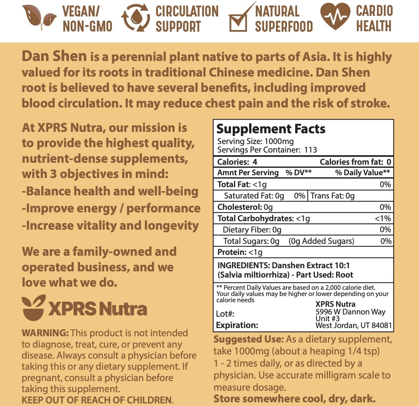 Premium XPRS Nutra Dan Shen Root Extract Powder 10:1 - Vegan Friendly Red Sage Concentrated Powder (4 oz)