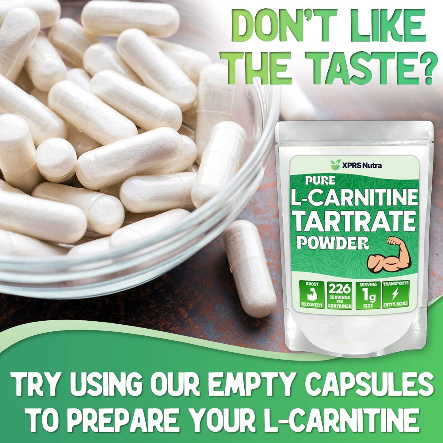Premium XPRS Nutra L Carnitine L Tartrate Powder - Vegan Friendly Amino Acid Supplement - Pure Bulk L Carnitine Powder (16 oz)