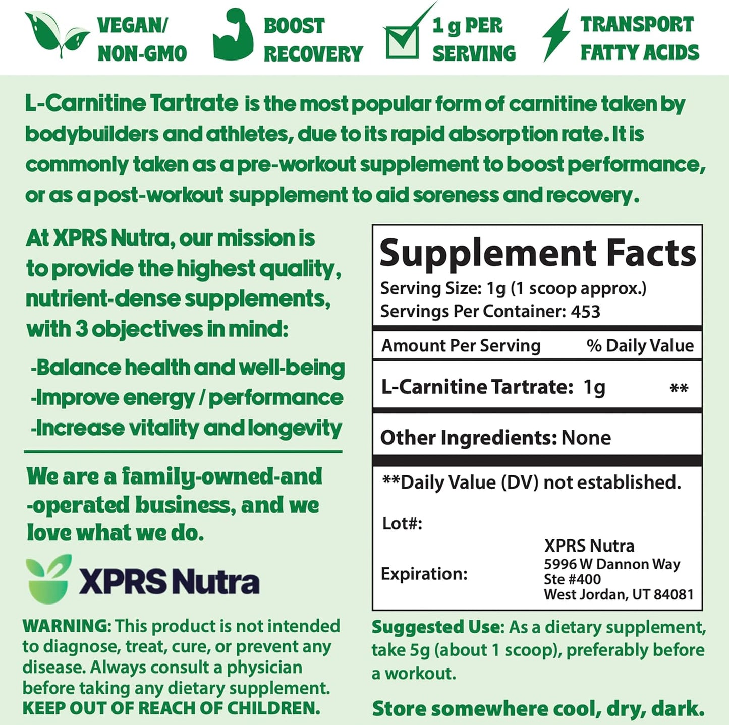 Premium XPRS Nutra L Carnitine L Tartrate Powder - Vegan Friendly Amino Acid Supplement - Pure Bulk L Carnitine Powder (16 oz)