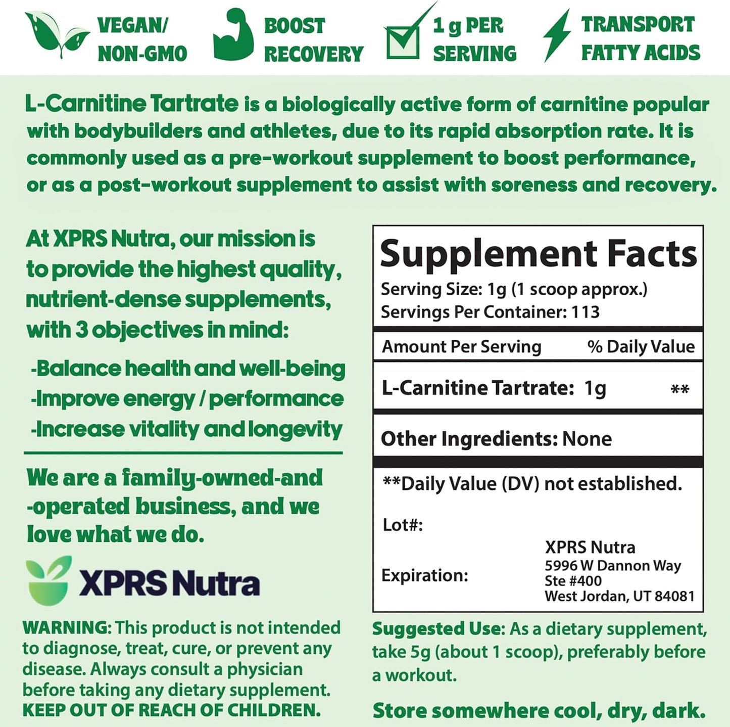 Premium XPRS Nutra L Carnitine Tartrate Powder - Vegan-Friendly Amino Acid Supplement - Pure L-Carnitine Powder for Bulk - 4 Ounce Jar