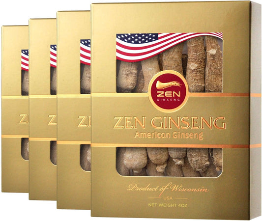 Premium Zen Ginseng: 4 Boxes of American Ginseng Root - Super Long Jumbo Wisconsin Ginseng (4oz/Box) for Enhanced Performance & Mental Health in Men & Women