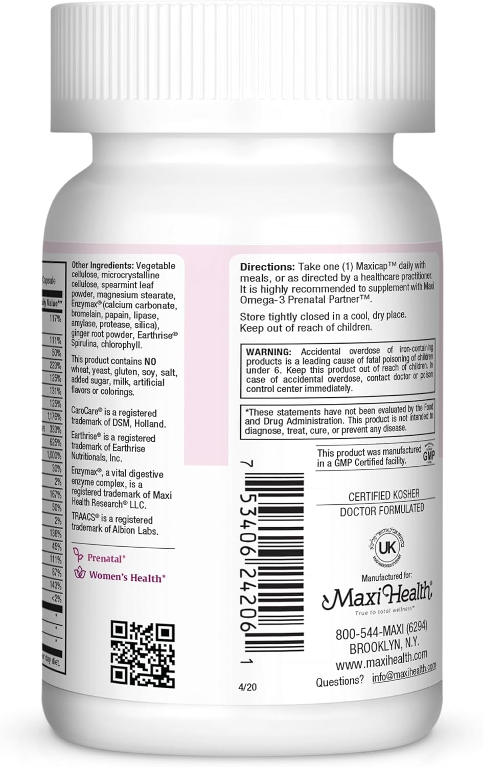 Prenatal Capsules, 120 Count by Maxi Health - Essential Nutrients for Pregnancy Health