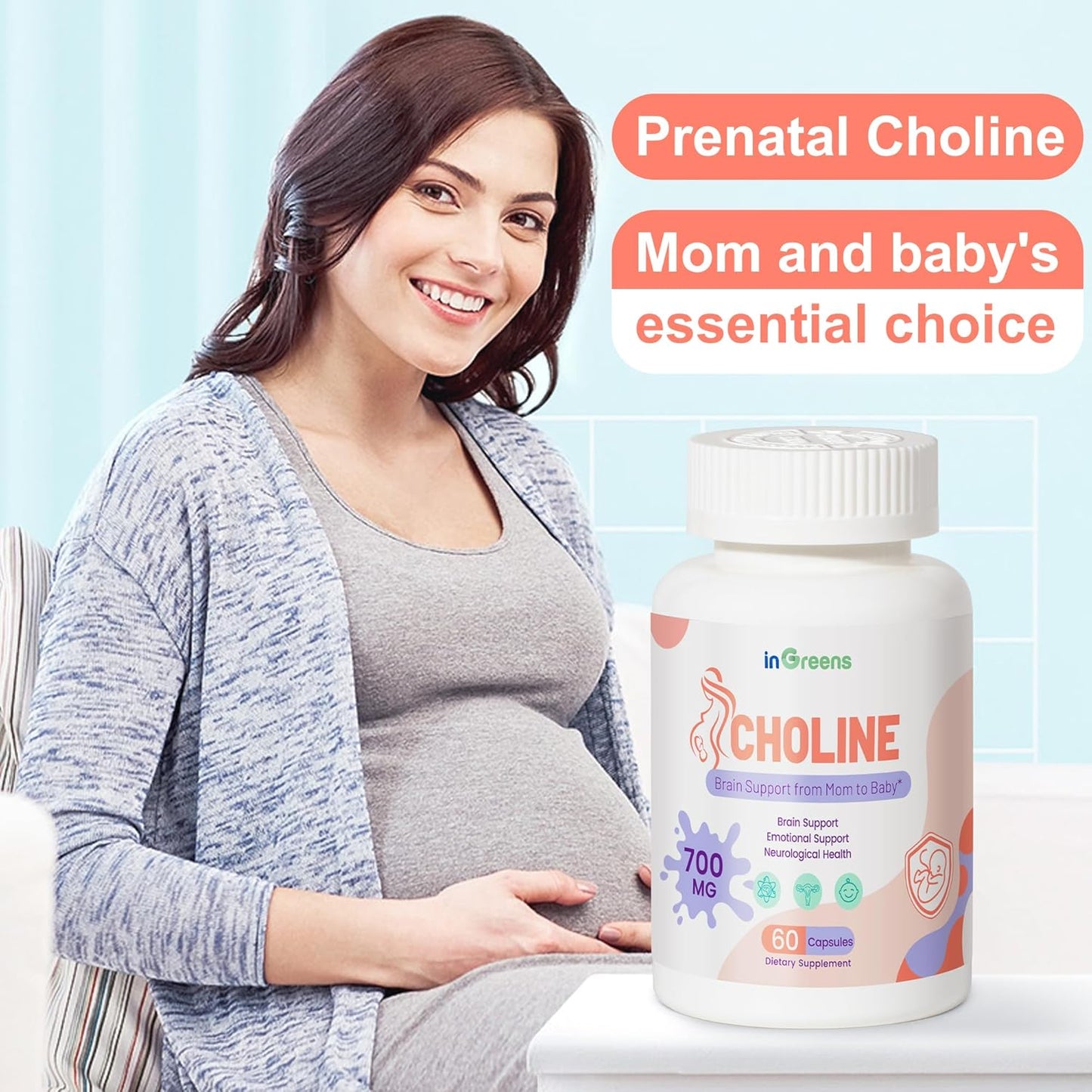 Prenatal Choline Supplement with Inositol, B1, B6, 500mg - Promotes Brain Development in Utero/Early Life, Boost Choline in Breast Milk - 30 Day Supply