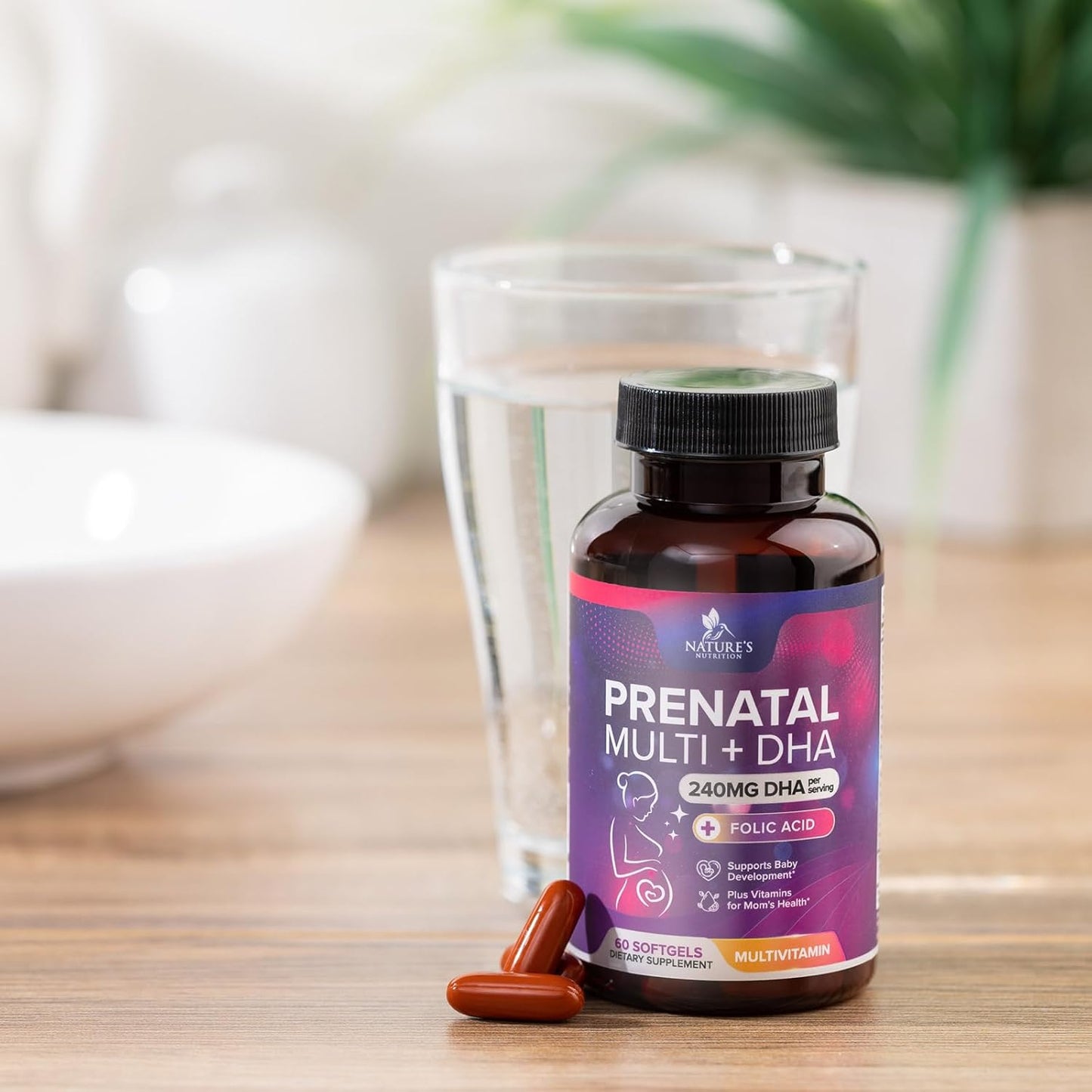 Prenatal Multivitamin for Women with Folic Acid, DHA, Folate, Omega 3, Vitamins D3, B6, B12 & Iron - 60 Softgels, Non-GMO