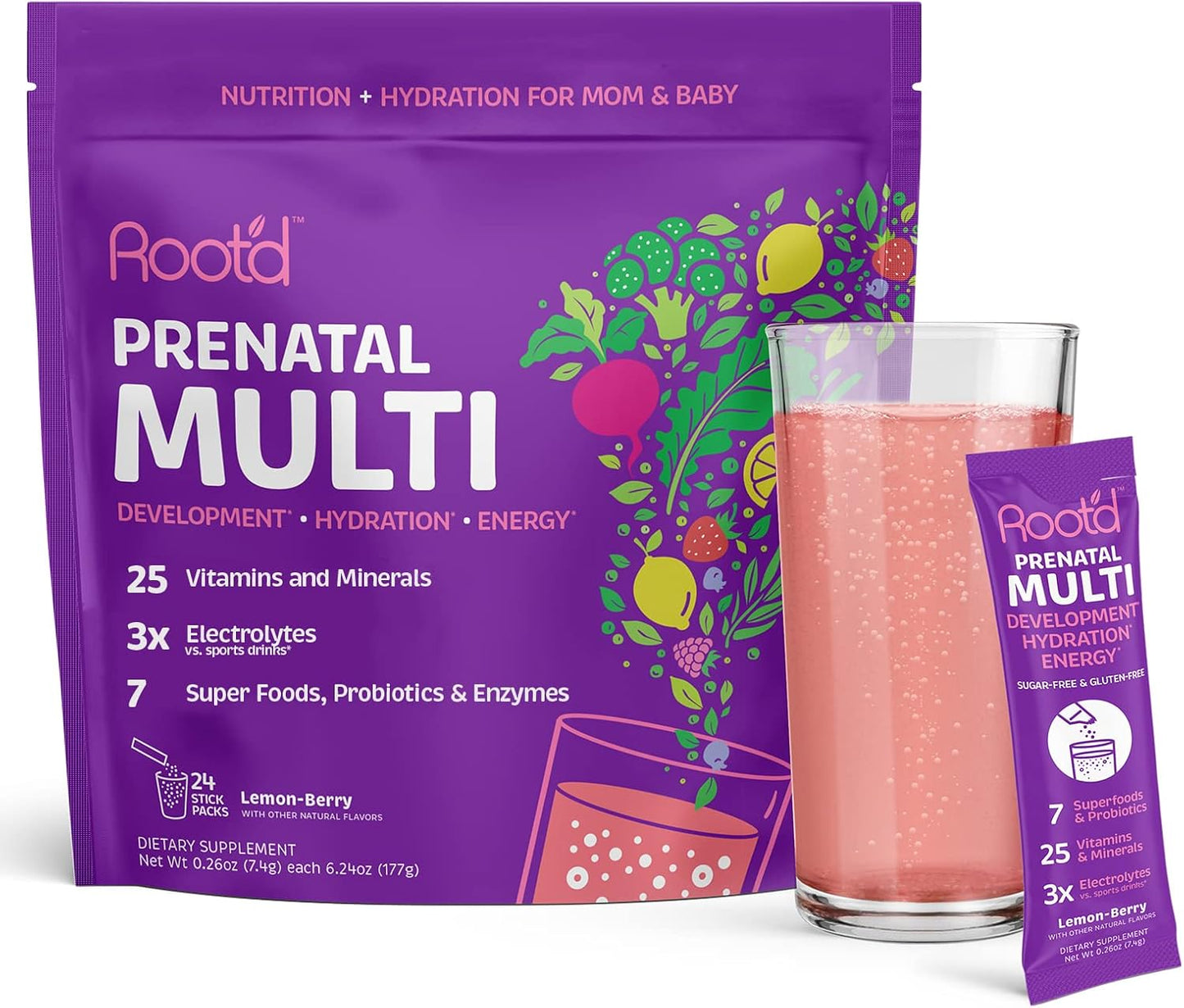 Prenatal Multivitamin Powder with 25 Vitamins, Minerals, Electrolytes, Probiotics, and Superfoods for Mom & Baby - 24 Packets