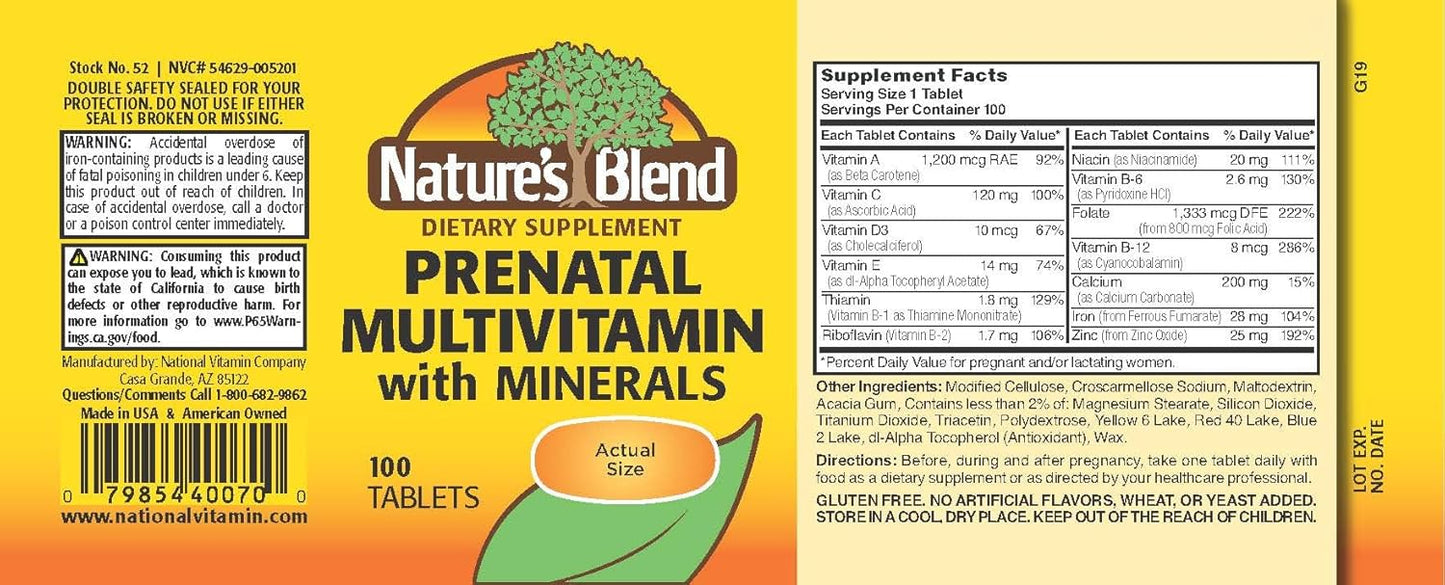 Prenatal Multivitamin with Nature's Blend - 100 Tablets