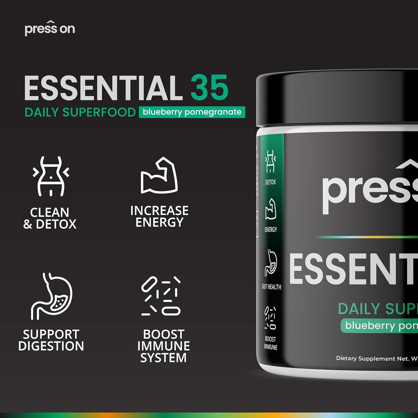 Press On Boto Daily Essential 35: Super Greens Powder for Detox, Energy, Immune Support, Antioxidants, with Probiotics & Digestive Enzymes, Original Flavor, 30 Servings