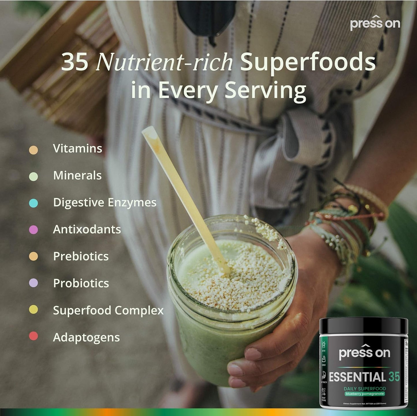 Press On Boto Daily Essential 35: Super Greens Powder for Detox, Energy, Immune Support, Antioxidants, with Probiotics & Digestive Enzymes, Original Flavor, 30 Servings