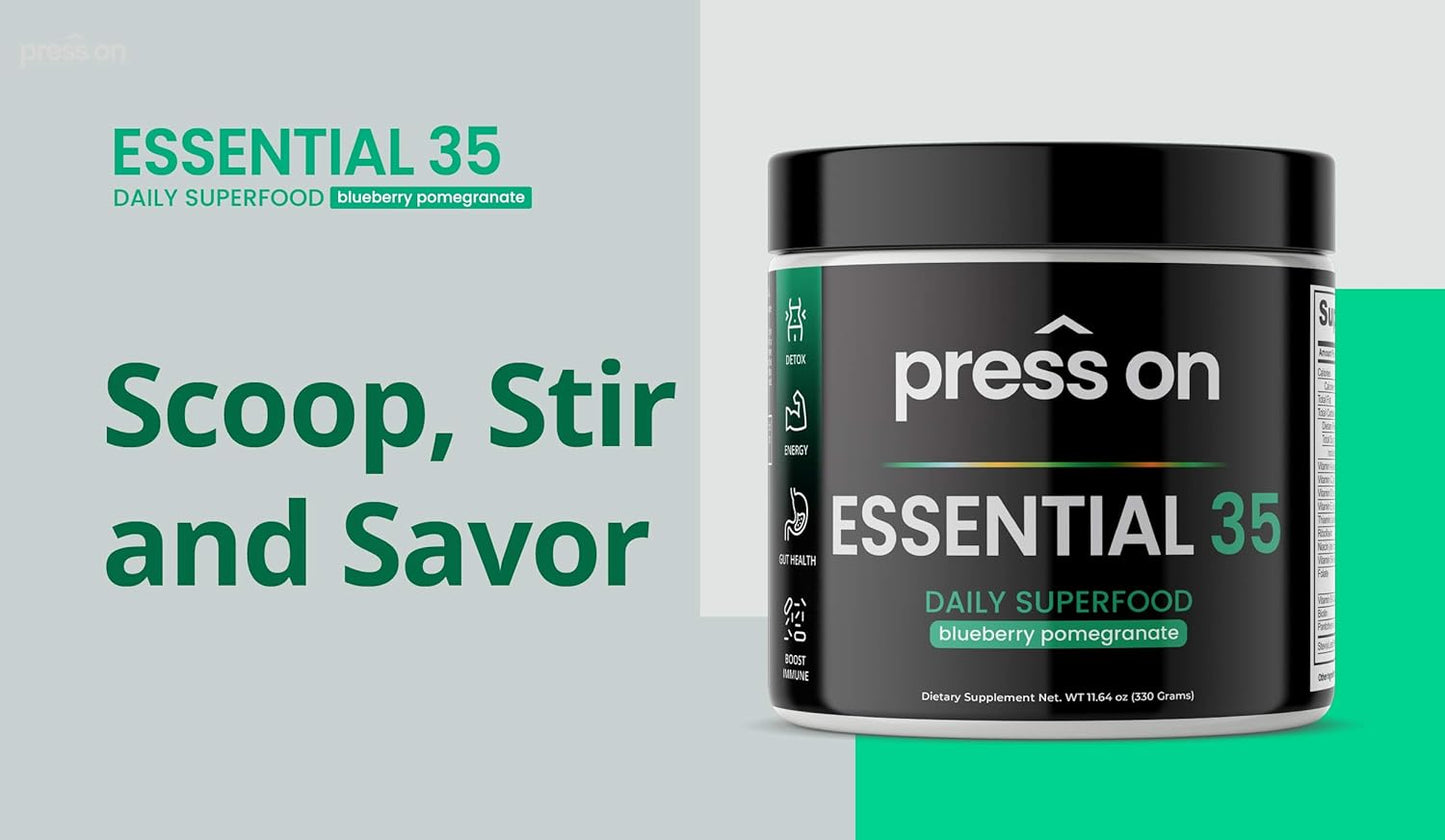 Press On Boto Daily Essential 35: Super Greens Powder for Detox, Energy, Immune Support, Antioxidants, with Probiotics & Digestive Enzymes, Original Flavor, 30 Servings