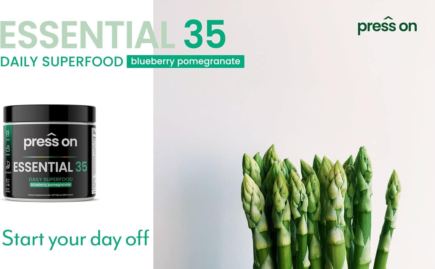 Press On Boto Daily Essential 35: Super Greens Powder for Detox, Energy, Immune Support, Antioxidants, with Probiotics & Digestive Enzymes, Original Flavor, 30 Servings
