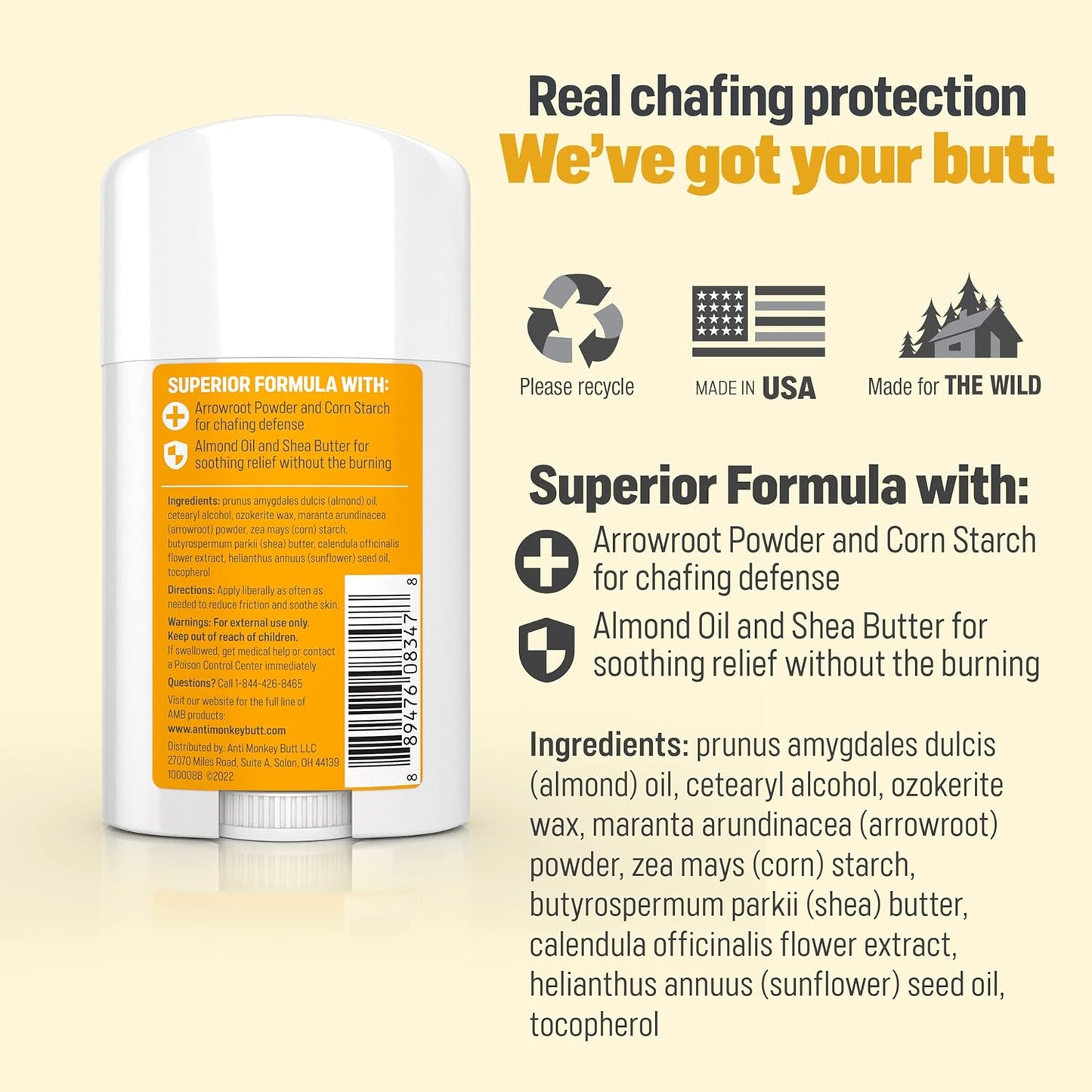 Prevent Body Chafing with Anti Monkey Butt Stick, Shea Butter & Almond Oil, 1.7oz