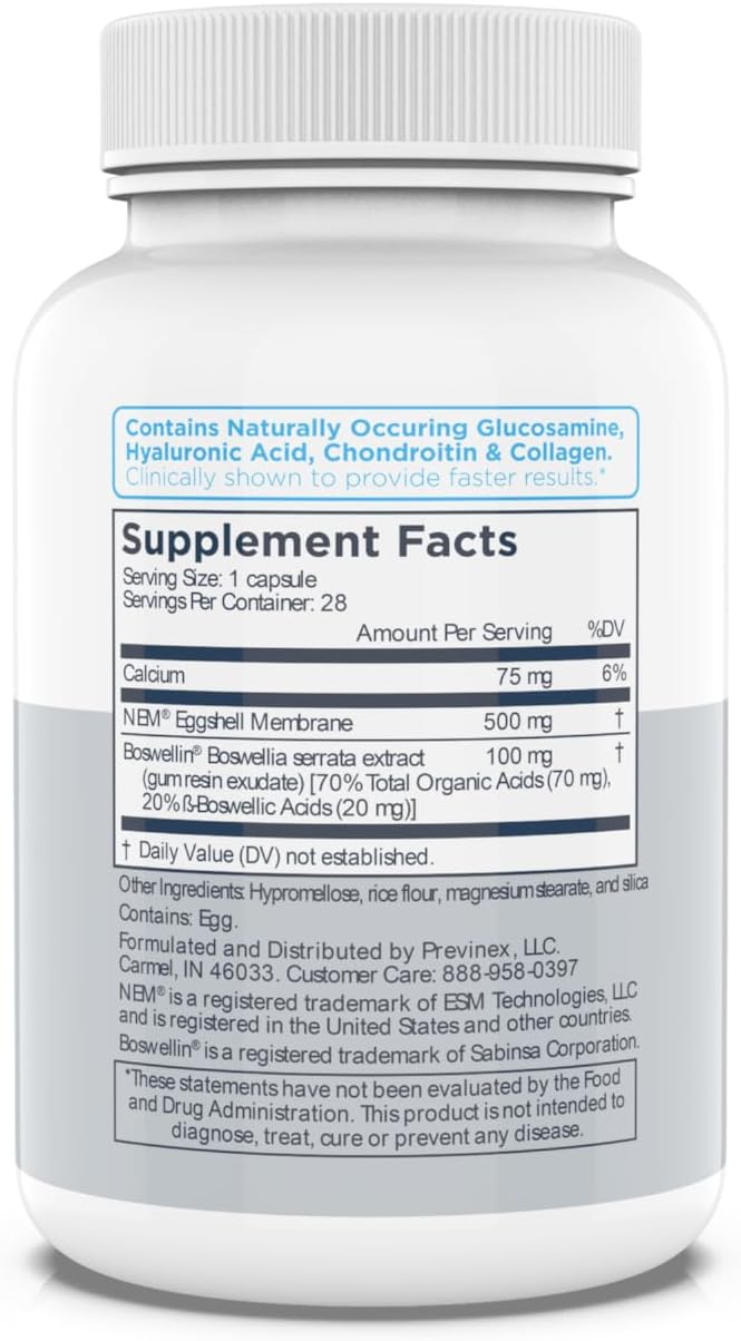 Previnex Advanced Joint Relief Supplement with Natural Eggshell Membrane, Glucosamine, Chondroitin, Collagen, Hyaluronic Acid & Boswellia Serrata - 4-Week Supply