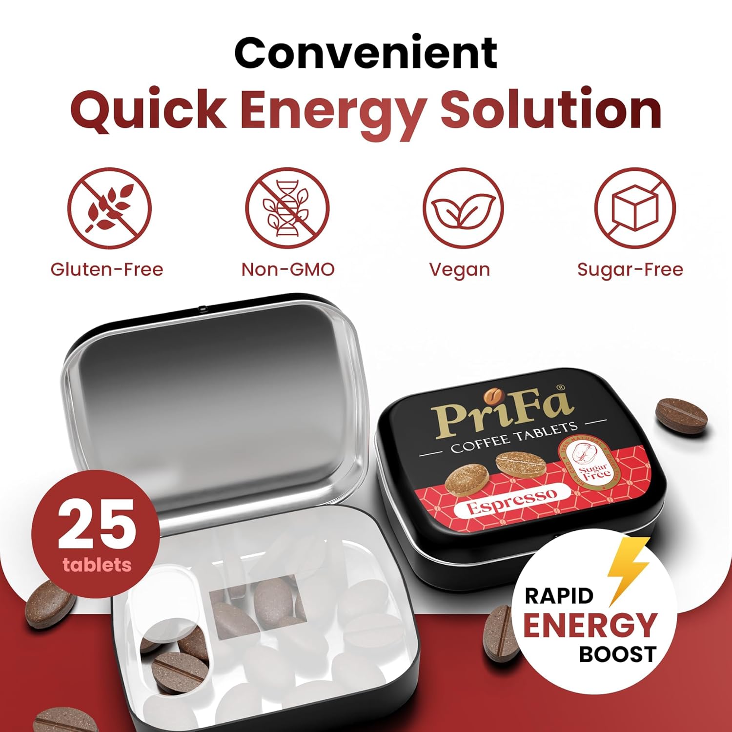 PriFa Coffee Tablets - Unsweetened Real Coffee Candy for Keto - Natural Sugar Free Espresso To Go - Instant Caffeine Mints (Espresso, 1 Pack, 25 Tablets)