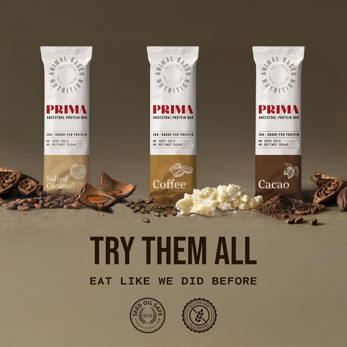 PRIMA Grass Fed Protein Bars Variety Pack - Animal-Based Bars with Beef Tallow, Raw Honey, Seed Oil Free, Low Carb, Gluten-Free - Healthy Energy Snacks (7 Pack)