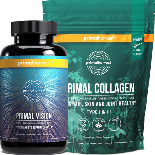 Primal Harvest Collagen Powder & Vision Supplements Bundle - Eye Support Complex with Lutein and Zeaxanthin for Men and Women