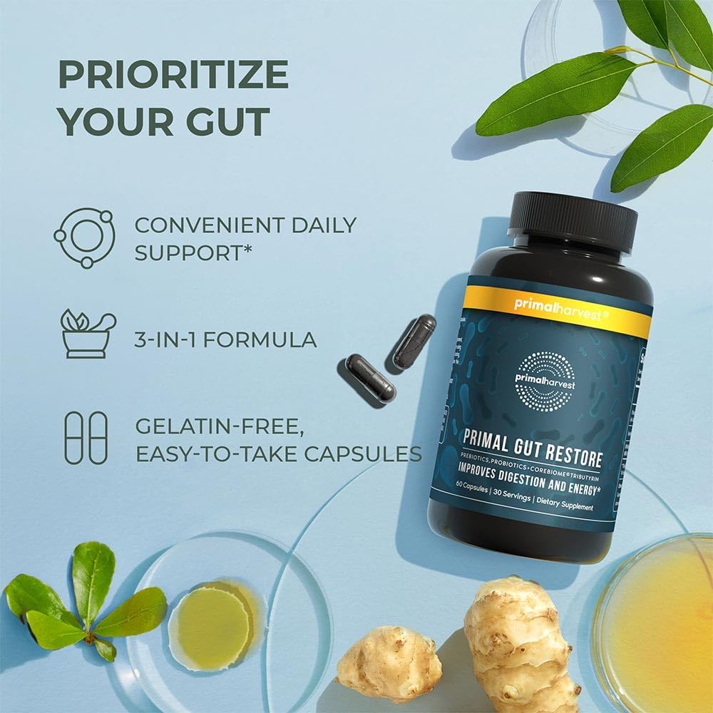 Primal Harvest Gut Restore 2-Pack - Gut Health Support with POSTbiotics, PREbiotics, and PRObiotics for Men and Women - Digestion and Colon Cleanse - 60 CT