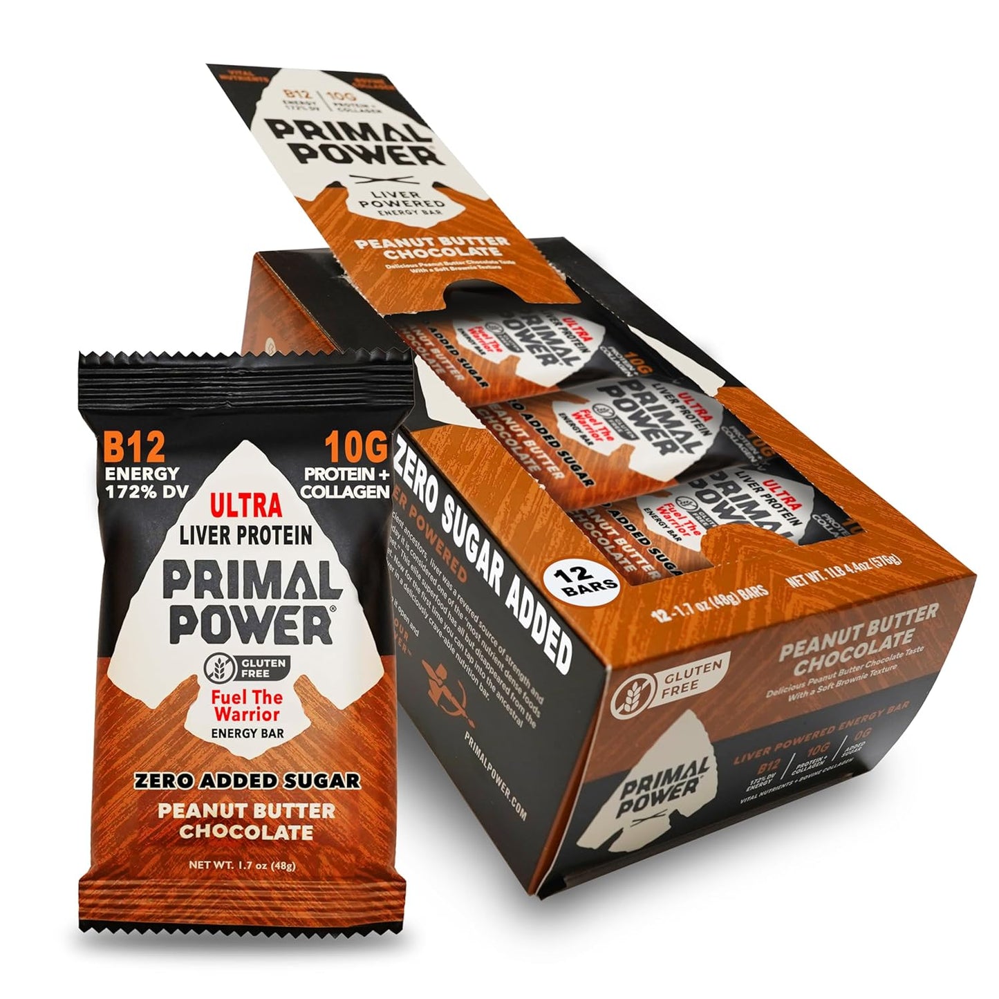 Primal Power Liver Nutrition Bars - B12 Energy Boost, 10g Protein, Vitamins, Collagen, Gluten Free - 12 Pack Peanut Butter Chocolate Flavor