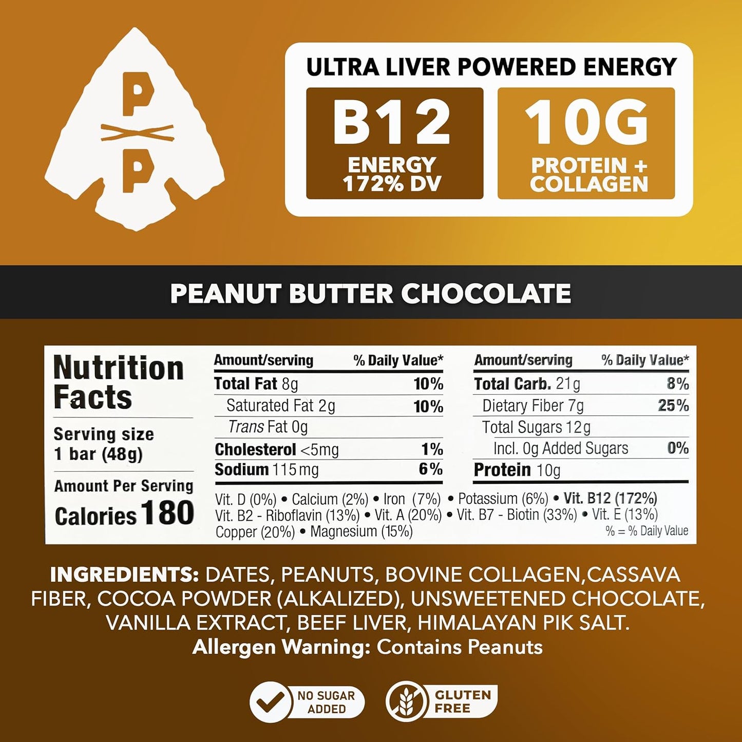 Primal Power Liver Nutrition Bars - B12 Energy Boost, 10g Protein, Vitamins, Collagen, Gluten Free - 12 Pack Peanut Butter Chocolate Flavor