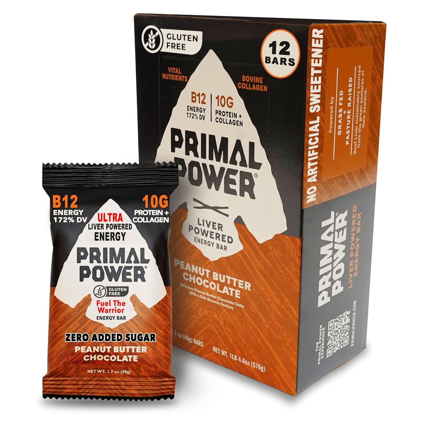 Primal Power Liver Nutrition Bars - B12 Energy Boost, 10g Protein, Vitamins, Collagen, Gluten Free - 12 Pack Peanut Butter Chocolate Flavor