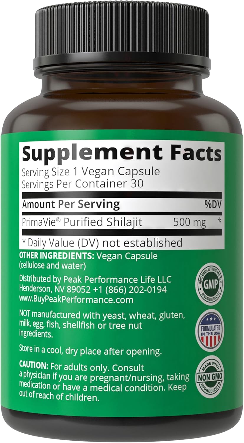 PrimaVie® Shilajit Capsules | Pure Shilajit Powder Supplement with 40+ Trace Minerals for Peak Performance and Brain Support