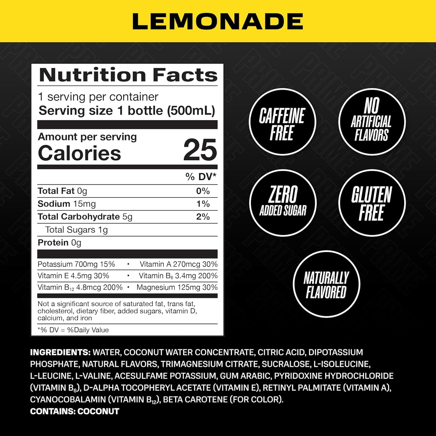 Prime Hydration Lemonade: Electrolyte-Enhanced Sports Drink with BCAAs, B Vitamins, and Antioxidants - 12 Pack of 16.9 oz Bottles