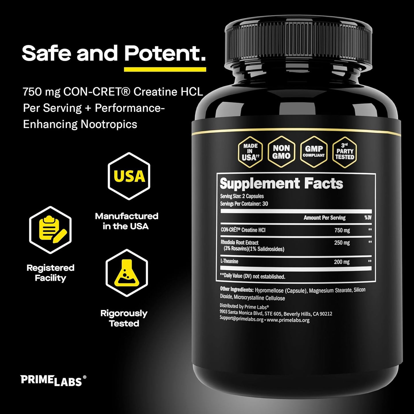 Prime Labs Concrete Creatine HCl Capsules with CON-CRĒT®, Rhodiola Root Extract, L-Theanine - Muscle Support, Endurance, Cognitive Function - 60 Count - Men & Women - BoostGo Australia