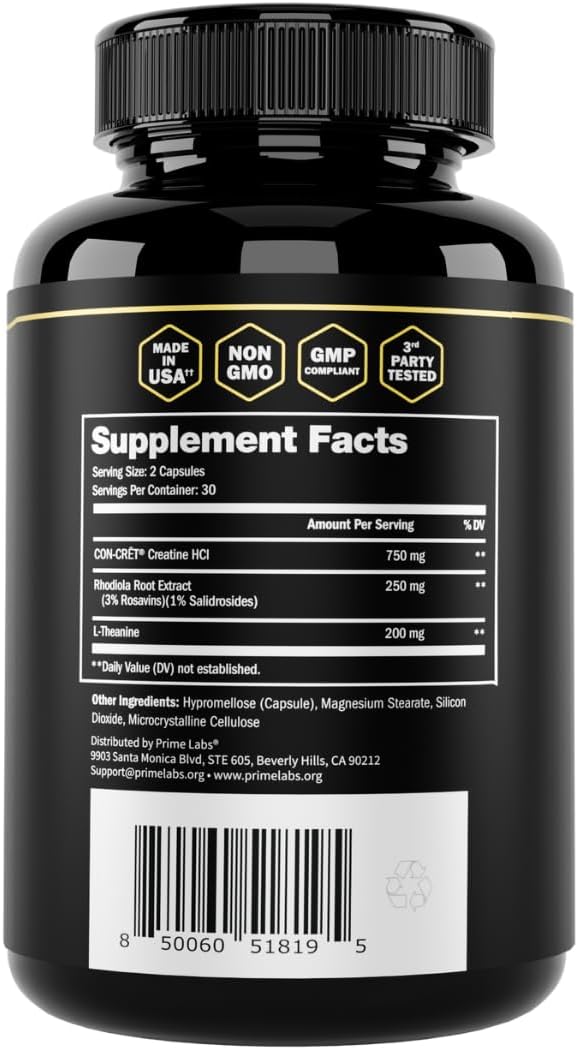 Prime Labs Concrete Creatine HCl Capsules with CON-CRĒT®, Rhodiola Root Extract, L-Theanine - Muscle Support, Endurance, Cognitive Function - 60 Count - Men & Women - BoostGo Australia