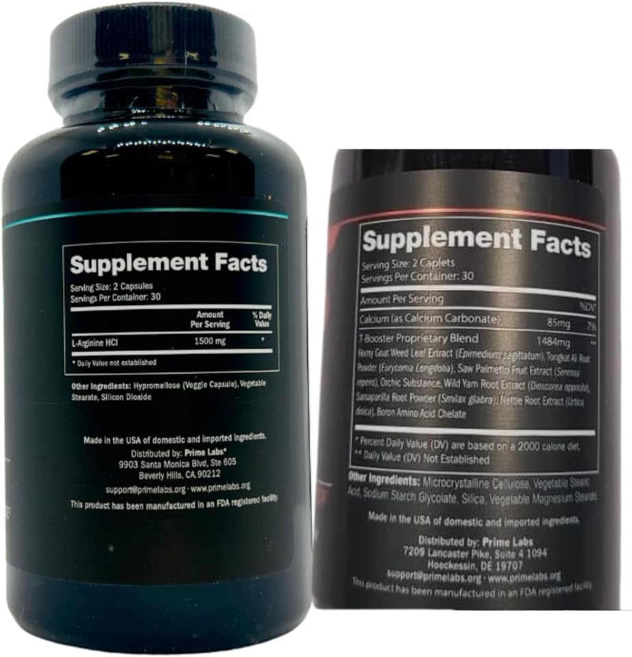 Prime Labs Prime Test (2 Pack) with L Arginine Nitric Oxide - Boost Testosterone and Nitric Oxide Levels (120 Capsules)