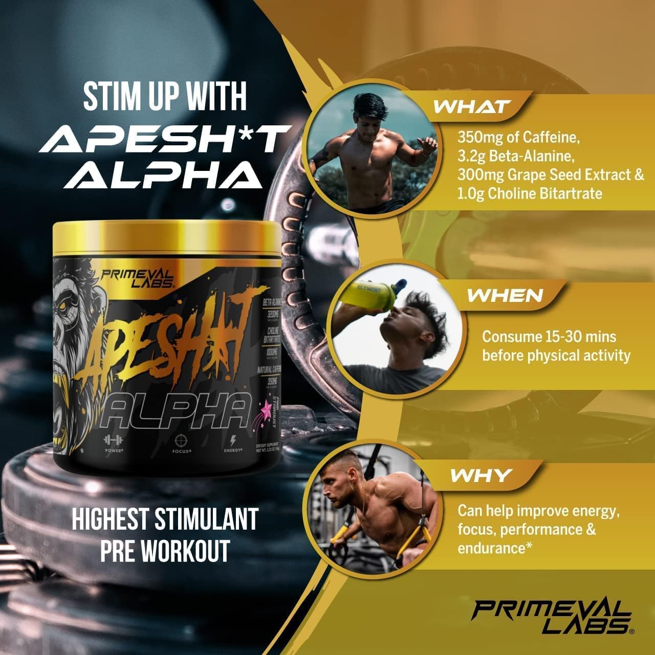 Primeval Labs Ape Alpha Natural Pre Workout - Boost Endurance and Focus with 350mg Caffeine, Beta-Alanine, L Citrulline - Nitric Oxide Booster - Pink Stardust, 40 Servings