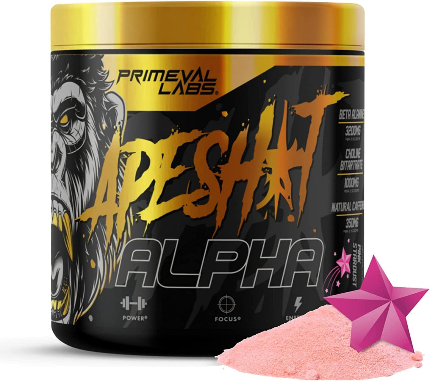Primeval Labs Ape Alpha Natural Pre-Workout Supplement with Caffeine and Nitric Oxide Booster for Enhanced Endurance and Focus, Pink Stardust, 40 Servings