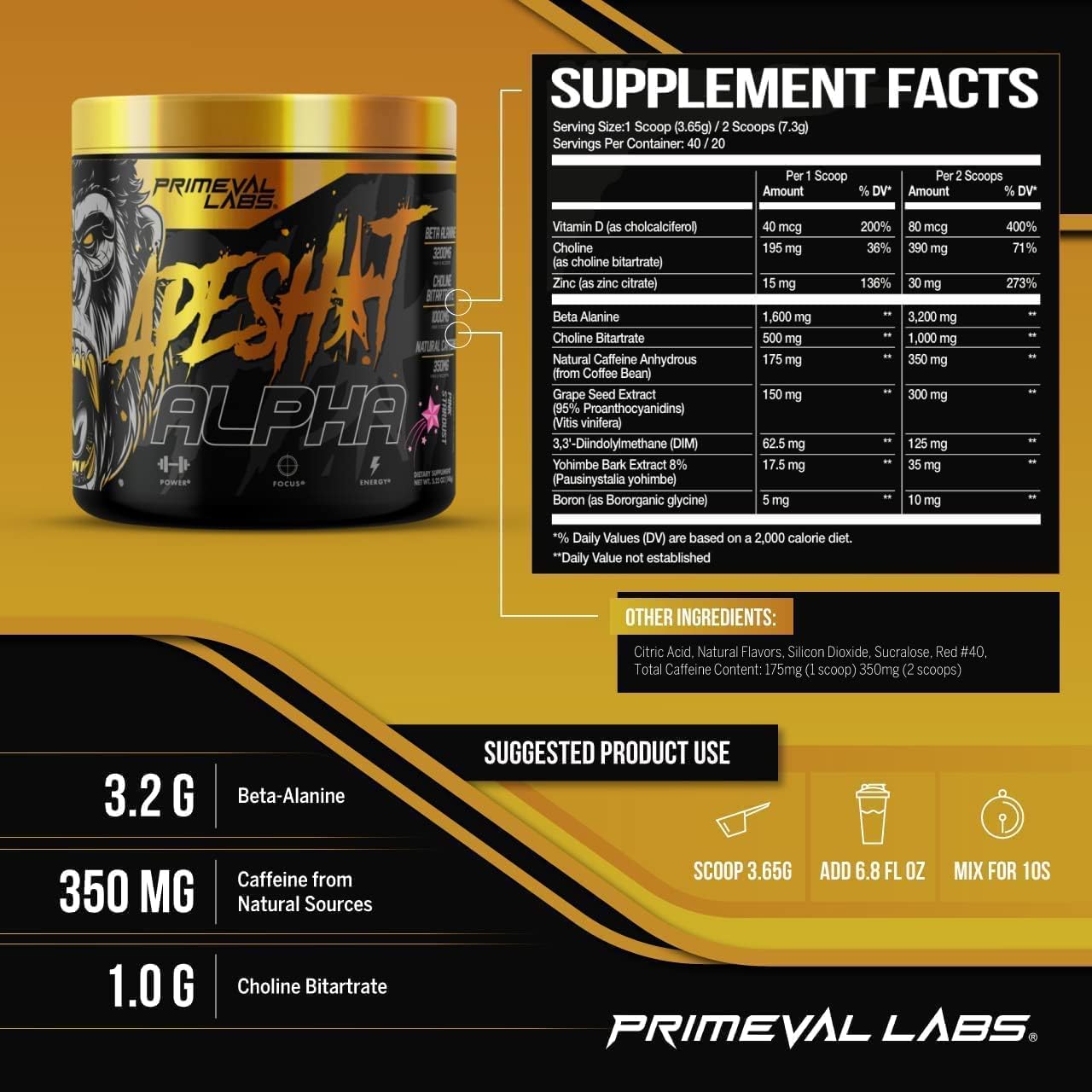 Primeval Labs Ape Alpha Natural Pre-Workout Supplement with Caffeine and Nitric Oxide Booster for Enhanced Endurance and Focus, Pink Stardust, 40 Servings