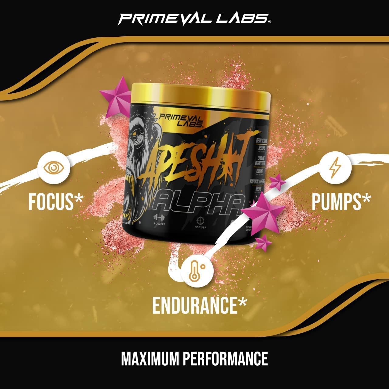 Primeval Labs Ape Alpha Natural Pre Workout Supplement - Boost Endurance and Focus with 350mg Caffeine Powder, Beta-Alanine, L Citrulline - Nitric Oxide Booster - Pink Stardust, 40 Servings