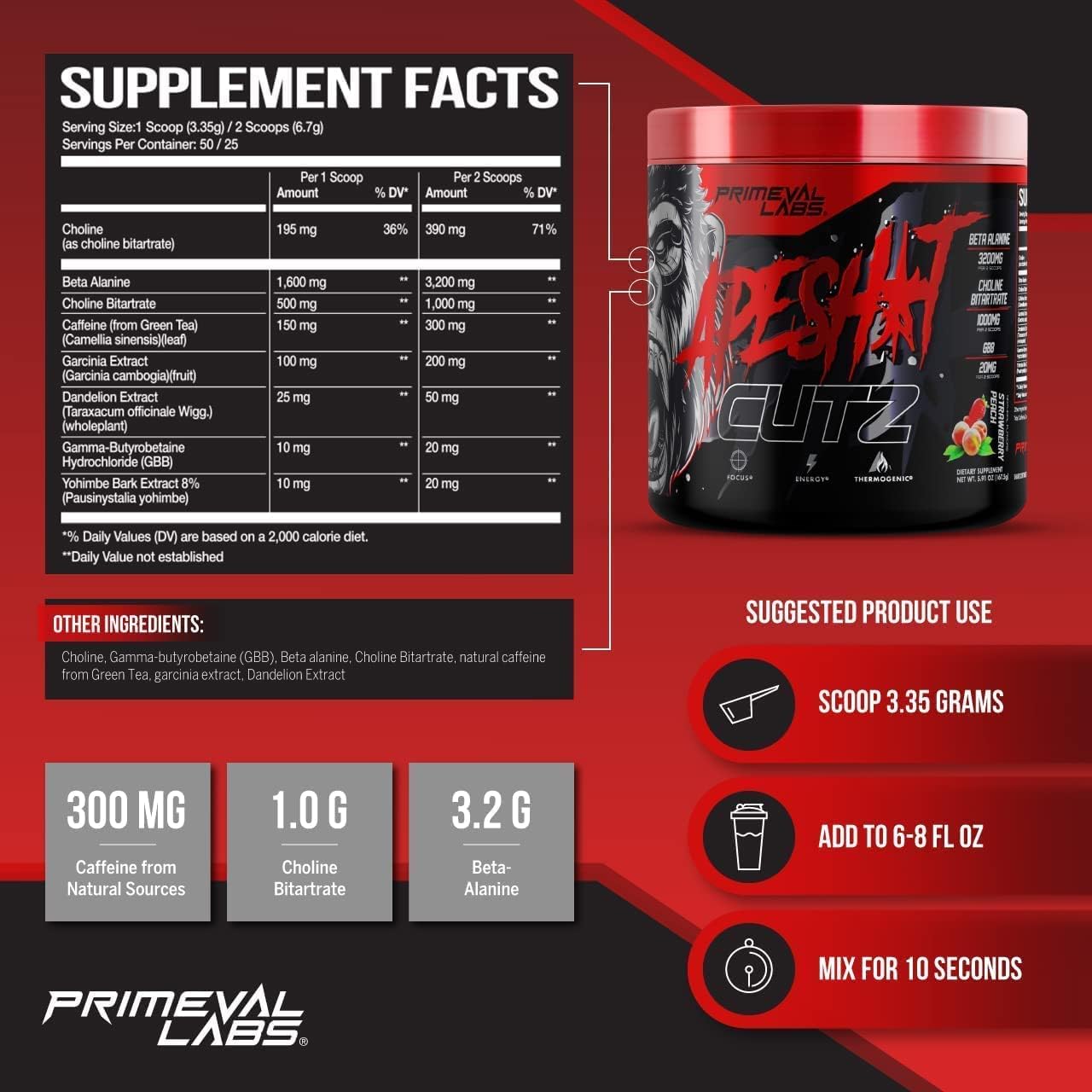 Primeval Labs Ape Cutz Pre Workout Powder - Strawberry Peach Flavor | Boost Performance with Beta Alanine | Post Workout Energy Drink - 50 Servings