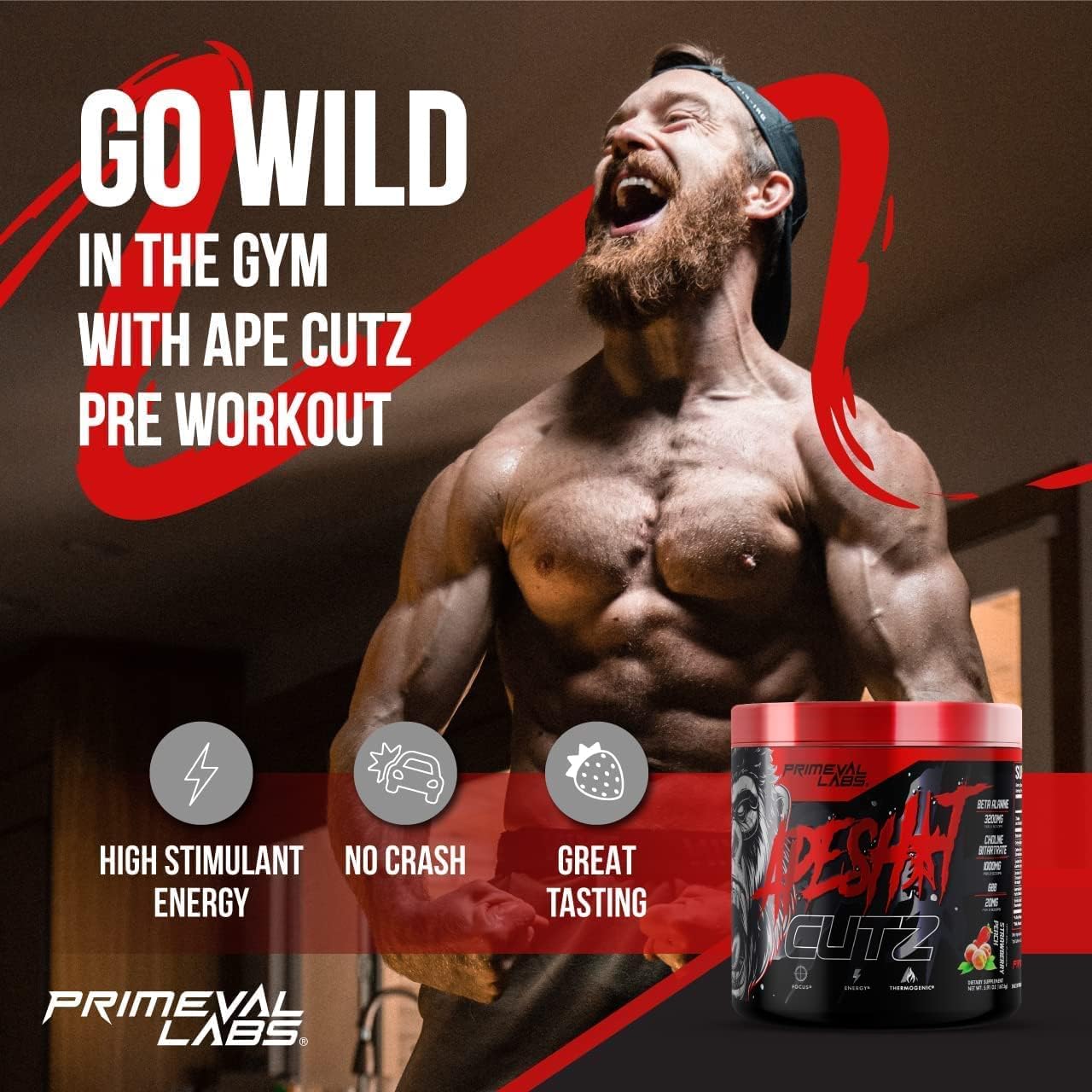 Primeval Labs Ape Cutz Pre Workout Powder - Strawberry Peach Flavor | Boost Performance with Beta Alanine | Post Workout Energy Drink - 50 Servings